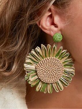 POL Green Raffia Sunflower Drop Earrings
